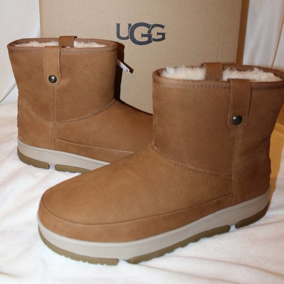NIB UGG ALL WEATHER LEATHER‎ SHEARLING LINED ANKLE BOOTS CHESTNUT - Picture 1 of 8